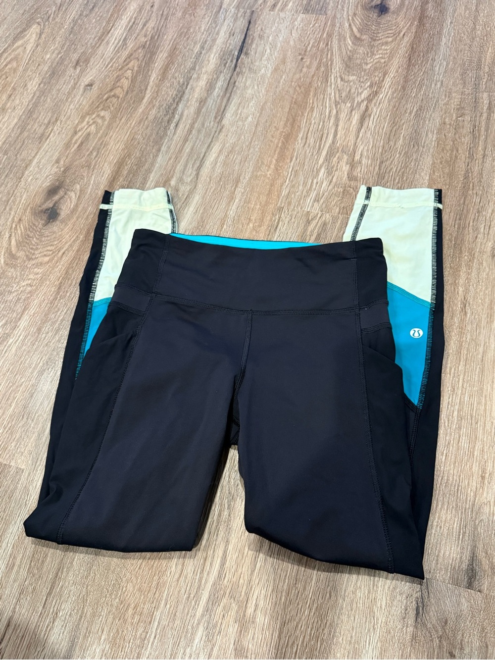 lululemon athletica Black with Teal and Cream Panel Leggings